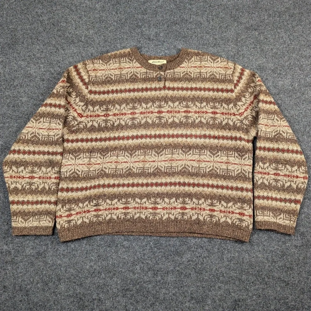 Eddie Bauer Womens Large Brown Fair Isle Wool Silk Blend Henley Sweater L